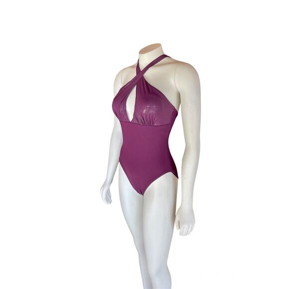 Silvian Imberg Purple One Piece Swim Criss Cross Neck Size 8 - Picture 3 of 11